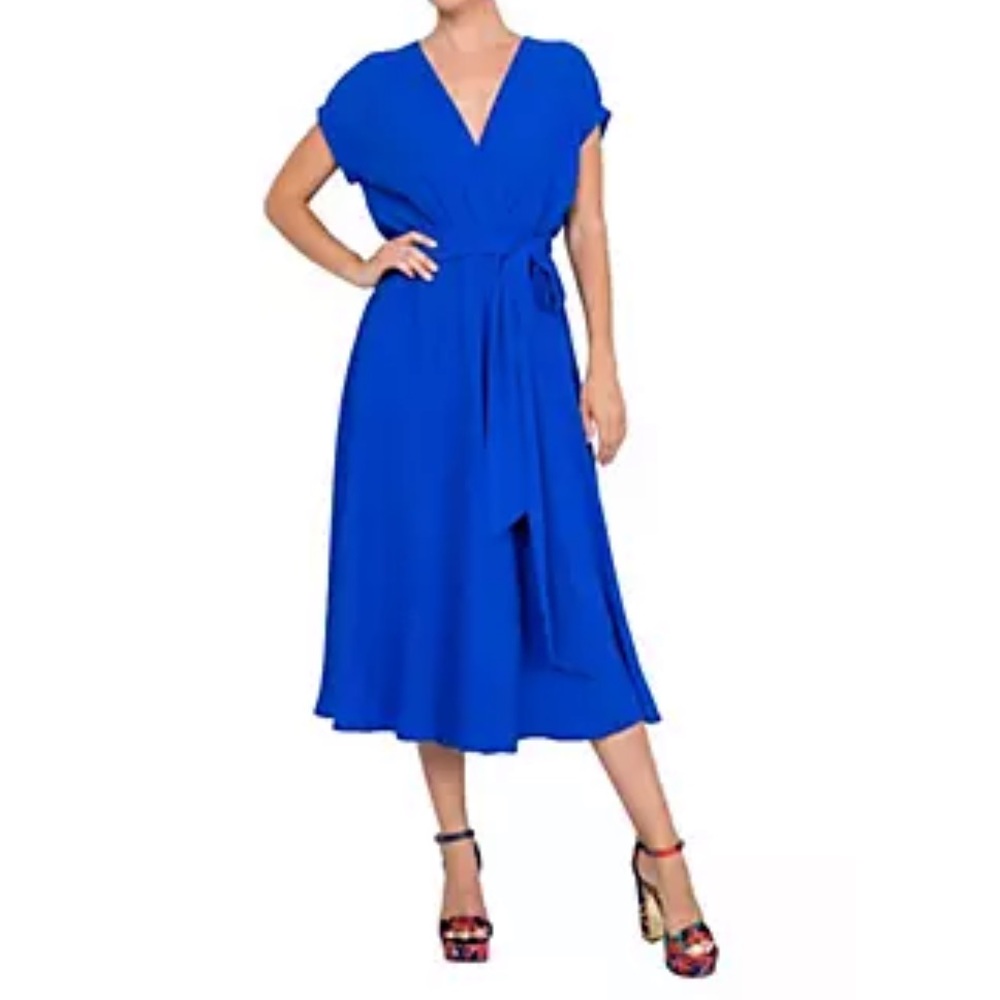 Meghan Los Angeles Jasmine Midi Dress NWT size Small Royal Blue Faux Wrap‎